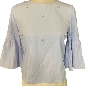 Zara Light Blue Blouse with Pearls and 3/4 Bell Sleeves Shirt Size Large